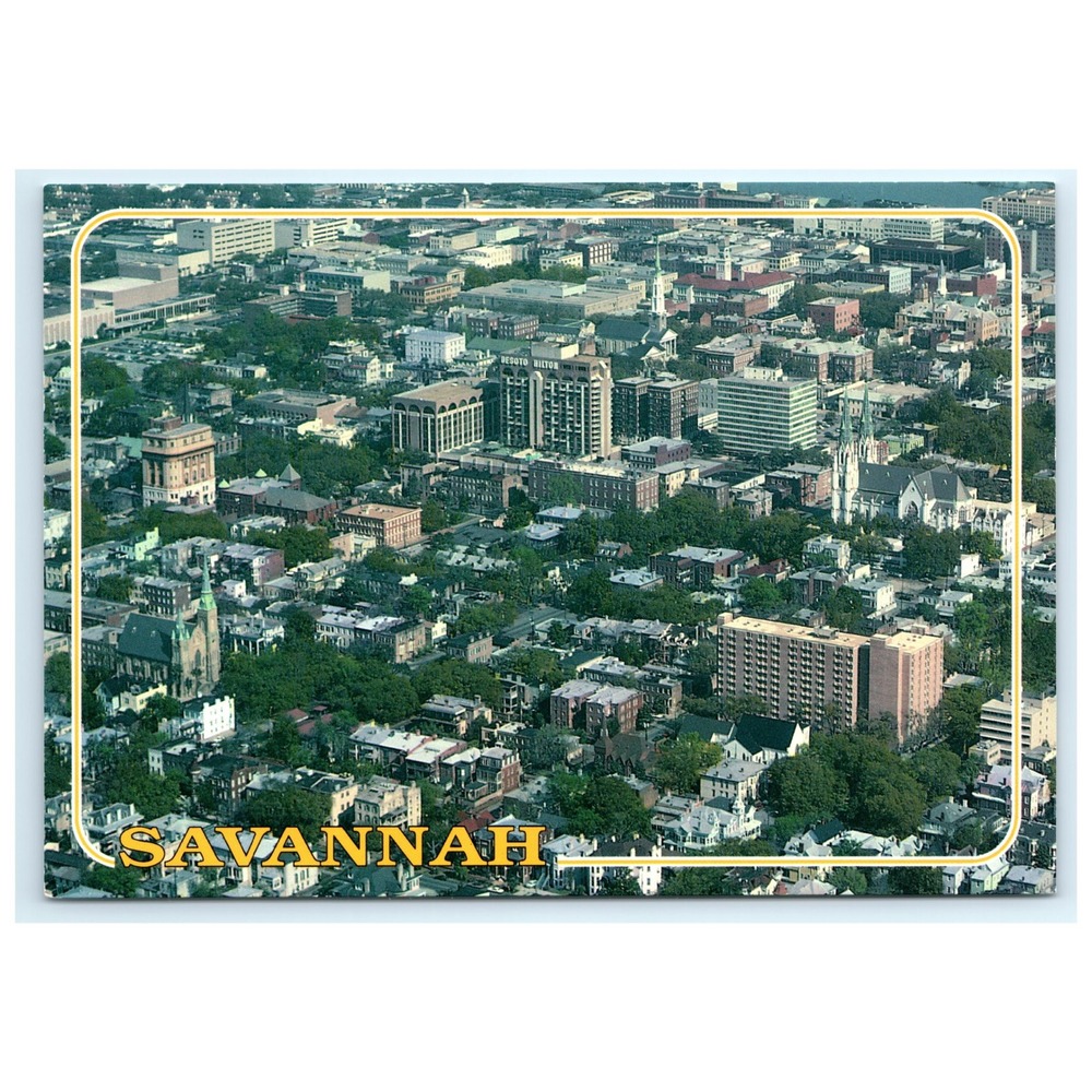 Postcard Savannah‎ Downtown Aerial Churches City of Steeples River Skyline GA